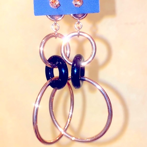 🆕 18kt Rose Gold Earrings Bronzallure & Onyx 3” Dangly Circle Hoop, MILOR ITALY - Picture 8 of 13